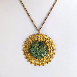 Vintage gold tone necklace with natural green jade stones